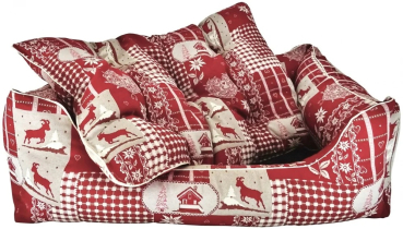 Hundebett Kitzbühel Rot aus robustem Stoff mit alpinem Muster – waschbares, hochwertiges Designer-Hundebett für große und kleine Hunde